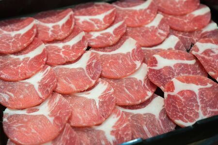 Pork fresh new slide in the restaurant, Japan food and Korea Food.の写真素材