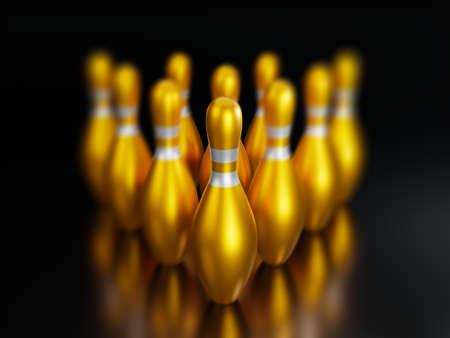 3d rendering-Group of Gold Bowling Pins on black background.の写真素材