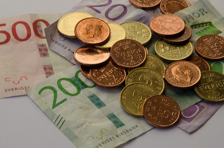 New edition of currency, bills and coins in Sweden 2016-2017. Nya svenska sedlar och mynt.の写真素材