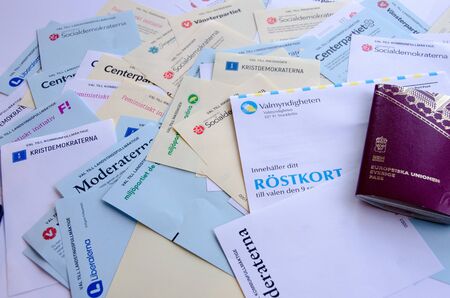 Stockholm, Sweden - 4 september 2018. Swedish election papers and passport
