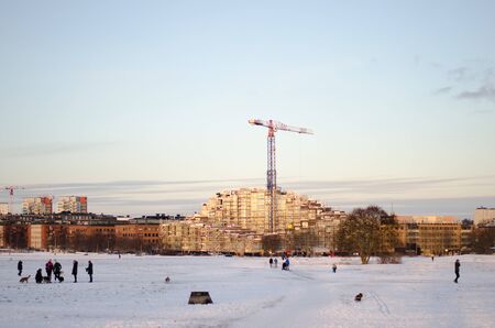 Stockholm, Sweden - 20 January 2018. A building site at the other side of Gardet, Stockholm during winter.のeditorial素材