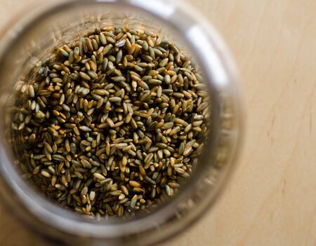A jar filled with whole rye grains ready for malting on a wooden table.の写真素材