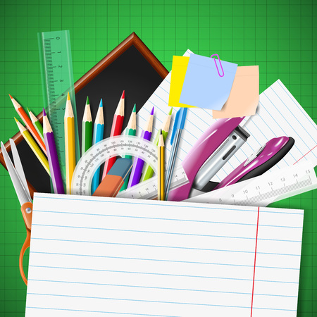 Back to school background with chalkboard and supplies. Stationery equipment. Vector realistic illustrationのイラスト素材