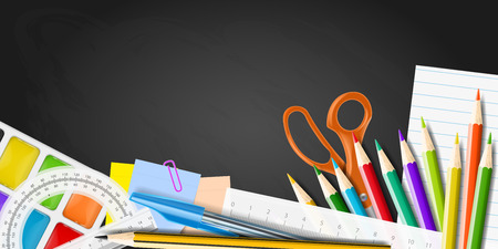 School supplies on blackboard. Realistic vector illustration.のイラスト素材
