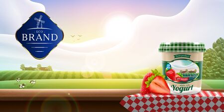 Yogurt packaging design on rural outdoor background with strawberry, vector illustration for farm milk or yogurt product branding or advertising designのイラスト素材