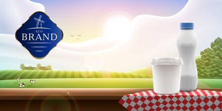 Organic Yogurt blank packaging mock-up standing on a red napkin ad design with logo on shiny farm background, vector banner illustration for milk or yogurt product branding or advertising designのイラスト素材