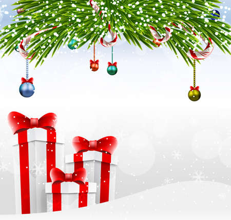 Merry Christmas and Happy New Year postcard template. Xmas design realistic gifts box with gold ribbon, festive lights and decorative objects. Christmas poster, holiday banner, flyer, greeting cardのイラスト素材