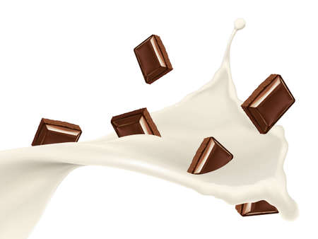 vector isolated milk splash with chopped chocolate on white background