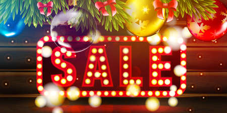 Christmas ad sale postcard or banner template. Background Xmas design of realistic christmas balls, fir tree and party light garland. Horizontal christmas poster, greeting card, ads backdrop for webのイラスト素材