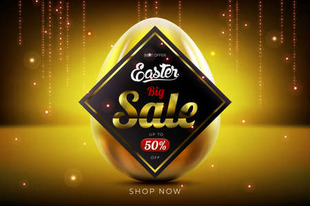 Easter luxury sale advertising banner background with gold egg and red ribbon realistic vector illustrationのイラスト素材