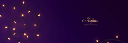 Merry Christmas and Happy New Year postcard template. Xmas design realistic gifts box with gold ribbon, festive lights and decorative objects. Christmas poster, holiday banner, flyer, greeting cardのイラスト素材