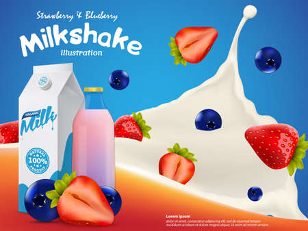 Strawberry and blueberry Milkshake illustration with milk splash and berries vector templateのイラスト素材