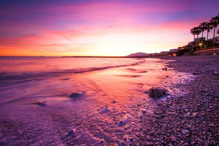 long time exposure of purple sunset in Spainの写真素材