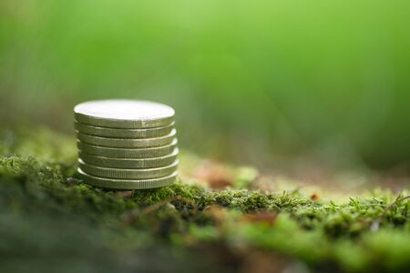 Euro Coins in Nature - Green Moneyの写真素材