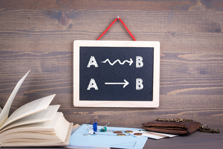 line from A to the point B. Chalkboard on a wooden background.の写真素材