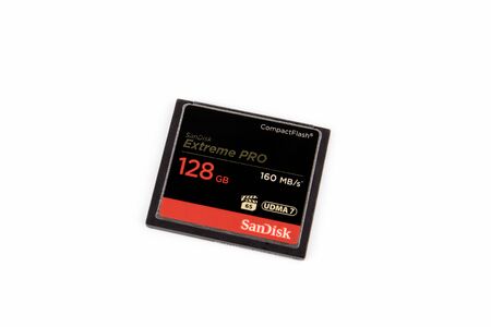 Riga, Latvia - March 05, 2018 : Closeup SanDisk Extreme Pro CompactFlash card, 128GB.
