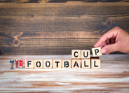 Football 2018 world championship cup, soccer. Wooden letters on the office desk, informative and communication backgroundの写真素材