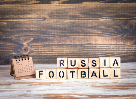 Russia Football 2018 world championship cup, soccer. Wooden letters on the office desk, informative and communication backgroundの写真素材