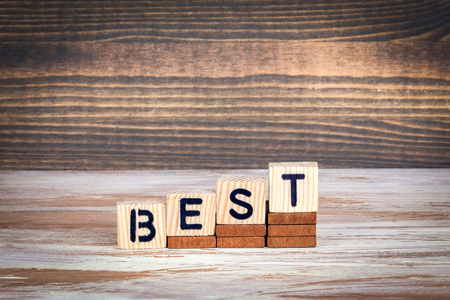 Best. Choice, practice or Service. Wooden letters on the office desk, informative and communication backgroundの写真素材