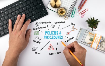 policies and procedures Concept. Chart with keywords and icons. hands on working desk doing businessの写真素材