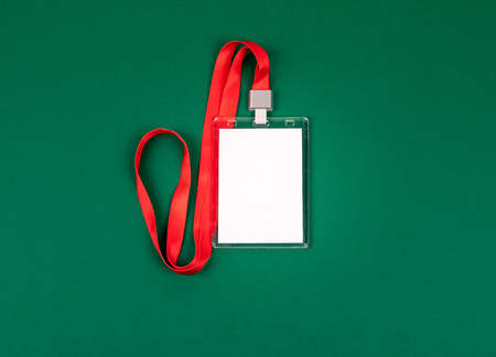 White empty staff identity mockup with red lanyard. Name tag, ID card
