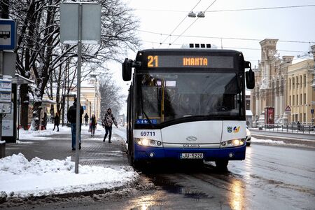 RIGA LATVIA - December 17 2018: Solaris trolleybus. Municipally-owned public transportation and parking authority serving Riga. Involved in corruptions scandalsのeditorial素材