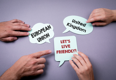 United Kingdom and European Union concept. Speech bubble on a gray backgroundの写真素材