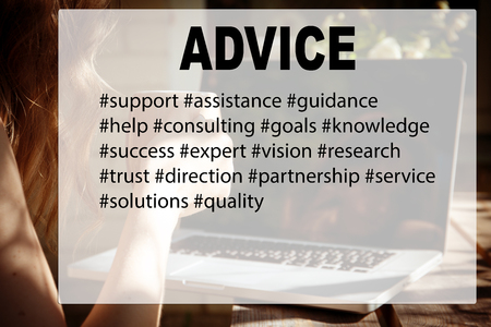 Advice concept. Job with computer outdoors by wooden table at country, work from homeの写真素材