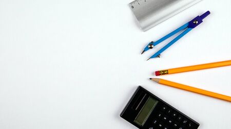 Minimal work space, flat lay photo of workspace desk. Top view office desk with pencil, circus and...