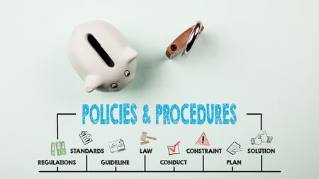 Policies and Procedures Concept. Chart with keywords and icons. Piggy bank on green backgroundの写真素材