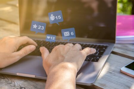 Freelance woman using laptop computer. Social, media, Marketing concept