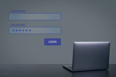Username and password. Global network connection. Laptop on  wooden table