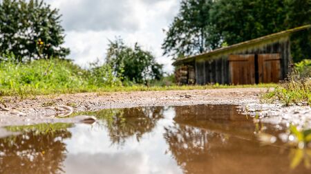 Flooded, muddy country road after rainfall and storm. Natural disaster and consequences of global...