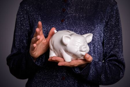 Savings and finance concept. Piggy bank in hands, close-upの写真素材