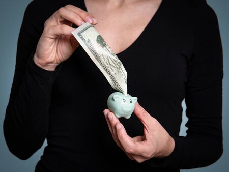 Putting big dollar banknote into small piggy bank, finance, deposit and economics concept