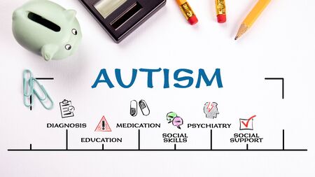 Autism. Diagnosi, Medicine, and Education concept. Chart with keywords and icons. Office supplies on a white table. Horizontal web bannerの写真素材
