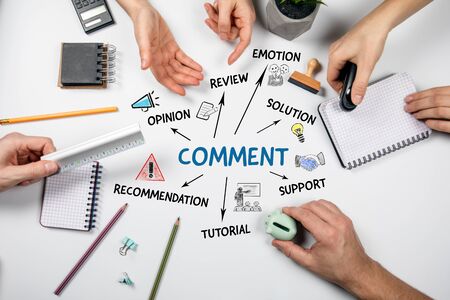 Comment. Opinion, review, support and tutorial concept. Chart with keywords and iconsの写真素材