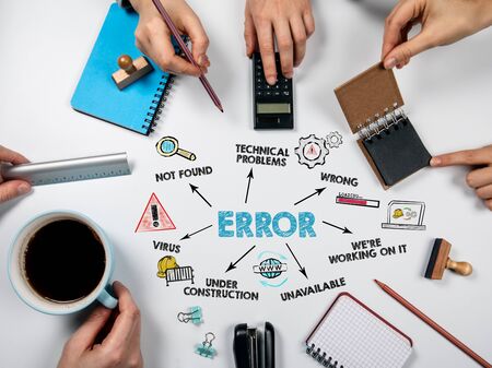 Error. Programming, social networking, SEO, search and service delivery concept. Chart with keywords...