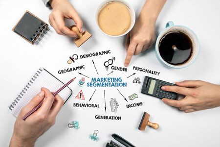 MARKETING SEGMENTATION. Geographic, demographic, income and generation concept. Chart with keywords...