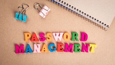 Password Management. Colorful wooden letters on cardboardの写真素材