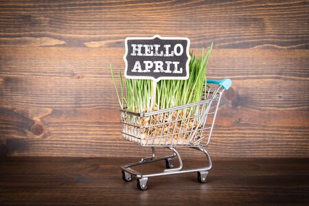Hello April. Marketing, advertising, sales, and great deals concept. Shopping carts and green spring grass on a wooden backgroundの写真素材