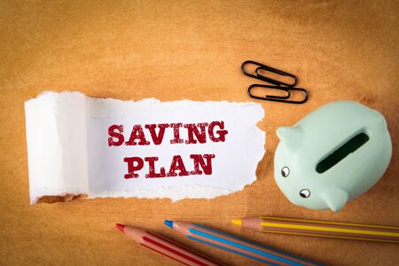 SAVING PLAN. Business, family budget, growth and investment concept. Piggy bank and colored pencilsの写真素材