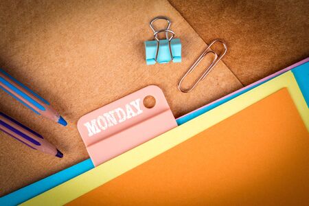 MONDAY. Folder Register of Card Index. Colored pencils and paperの写真素材