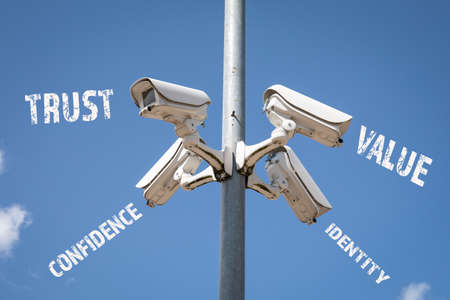 BRAND concept. Trust, Value, Identity and Confidence. Panoramic surveillance cameras on high pillar for securityの写真素材