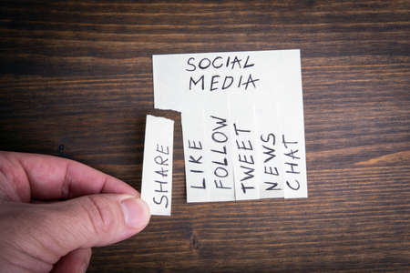 SOCIAL MEDIA. Share, Like, Follow and Chats concept. Sticky noteの写真素材