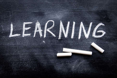 LEARNING. Education, skills and development concept. Black painted wood and inscription with chalkの写真素材