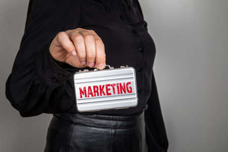 MARKETING STRATEGY concept. Woman with a small briefcaseの写真素材