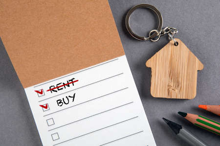 RENT or BUY concept. To do list. Notepad with pencilsの写真素材
