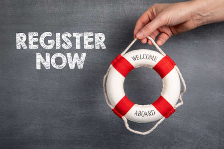 REGISTER NOW. Business, internet, survey and open enrollment concept. Black chalk board