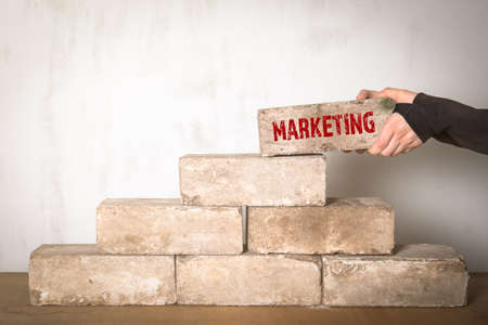 Marketing, abstract business concept. Woman builds a pile of bricks on a wooden tableの写真素材